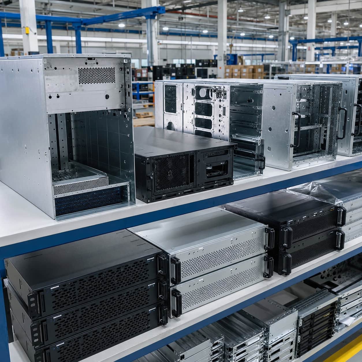 assembled AI server chassis on production line